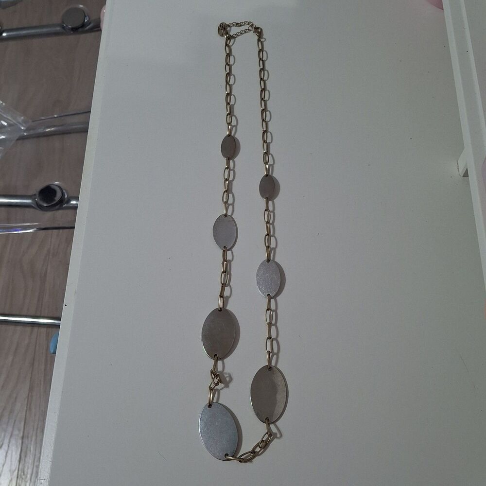 Gold Tone Chain Silver Tone Oval Metal Metallic Plates Long Strand Necklace